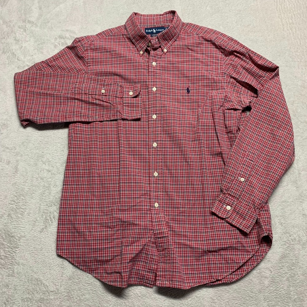 Ralph Lauren Custom Fit Men's L‎ Tartan Plaid Button Down Shirt Long Sleeve Red